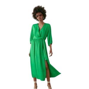 Zara Dress Size Medium Knotted Satin Effect Dress Kelly Green 3/4 Sleeve Wrap